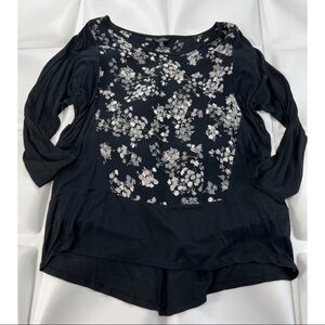 Lucky Brand Womens Sz M Black Floral Print Knit Tee Split Back Blouse Top
